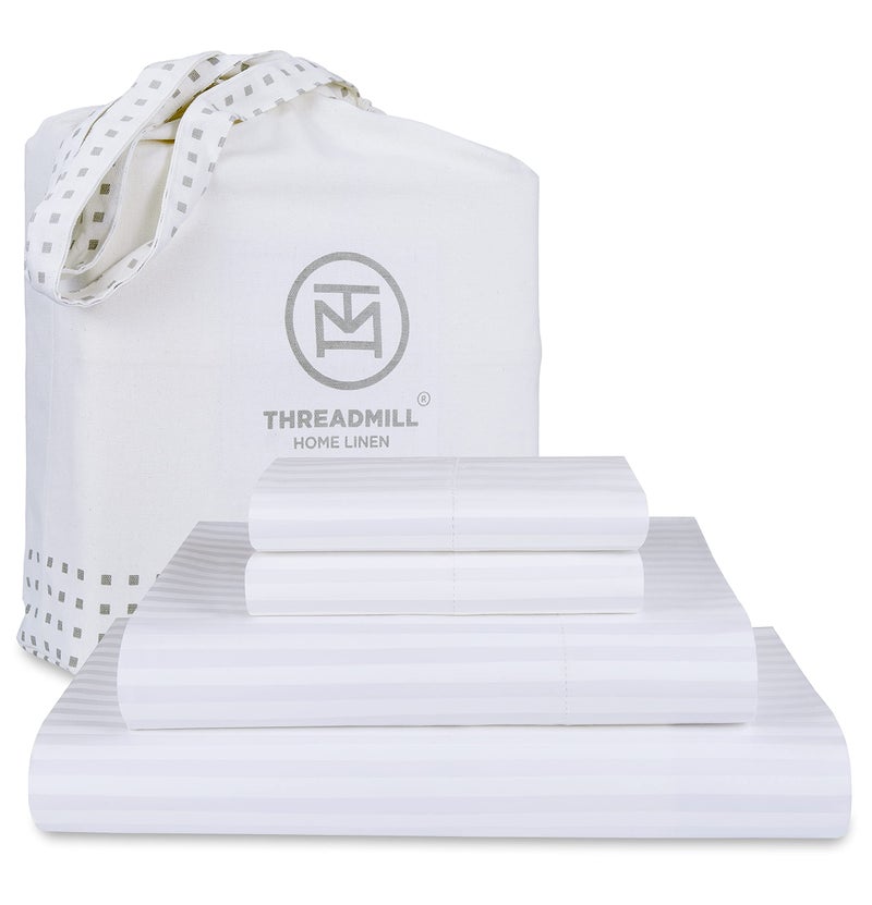 Threadmill ملاءات قطنية 100% من Threadmill لسرير بحجم كينج - طقم ملاءات سرير كينج بعدد 600 خيط مع 16 جيبًا عميقًا - طقم سرير من 4 قطع من نسيج الساتان المخطط الدمشقي مع تأثير تبريد أبيض - Image 1